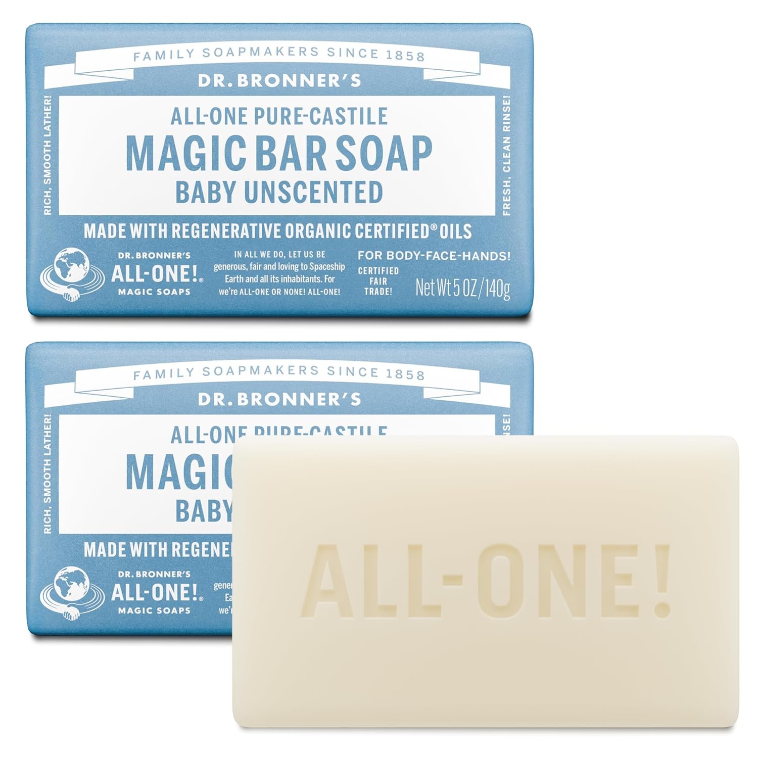 Dr. Bronner’s Pure-Castile Bar Soap, Baby Unscented, 5 oz, 2-Pack