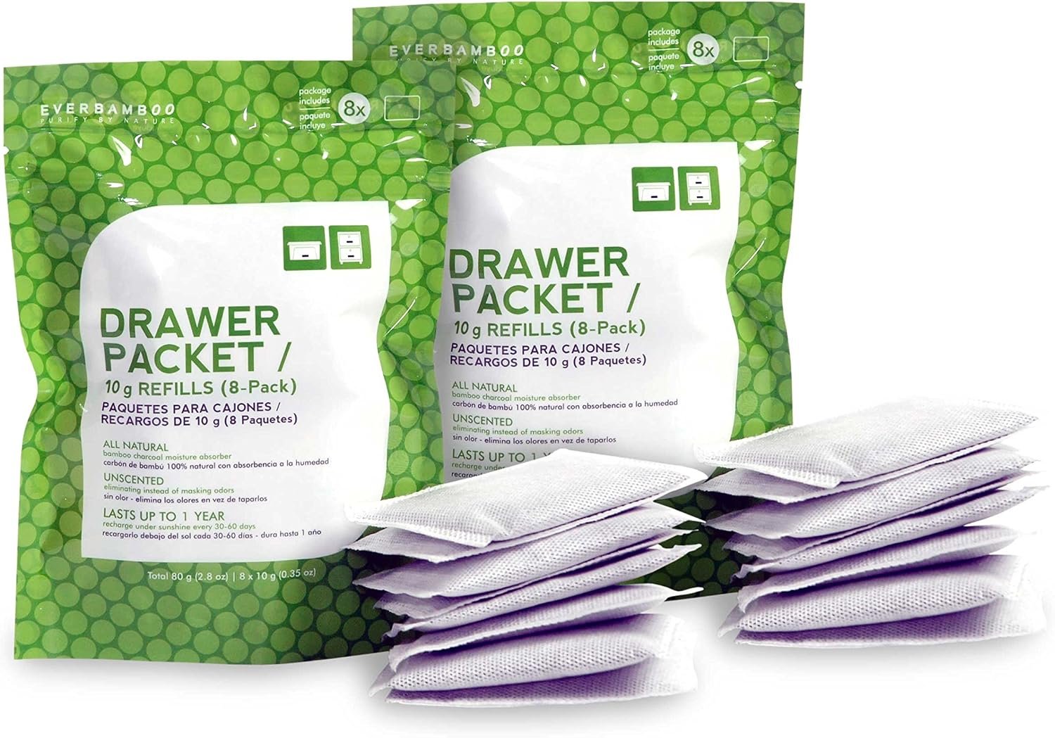 Ever Bamboo Drawer Deodorizer & Dehumidifier – Natural Bamboo Charcoal Odor Absorber, 8 x 10g. Twin pack