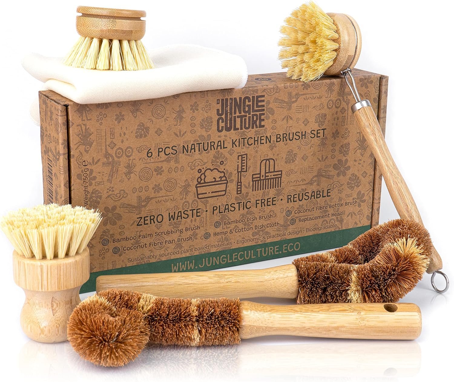 JUNGLE CULTURE Bamboo Dish Brush Set • 6 Piece with Bottle Brush & Scrubber