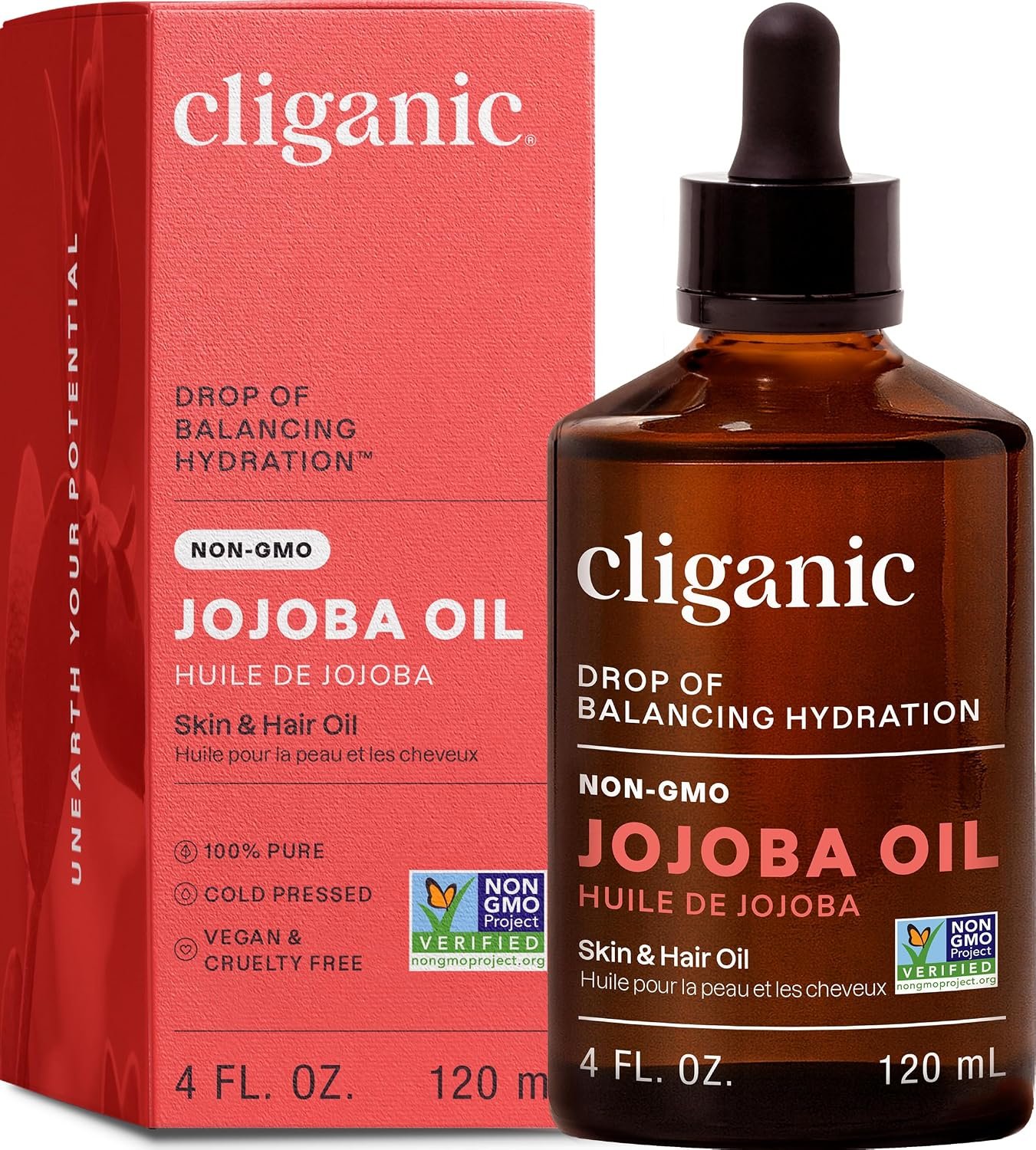 Cliganic Jojoba Oil ,100%, Non-GMO, Cold Pressed for Face, Hair & Skin 4oz