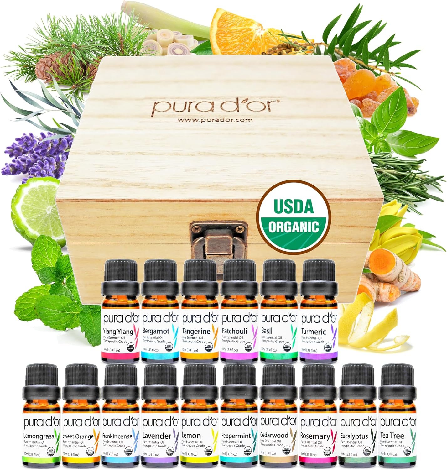 PURA D’OR Organic Sweet16 Essential Oils Aromatherapy Box Set, 10mL x16