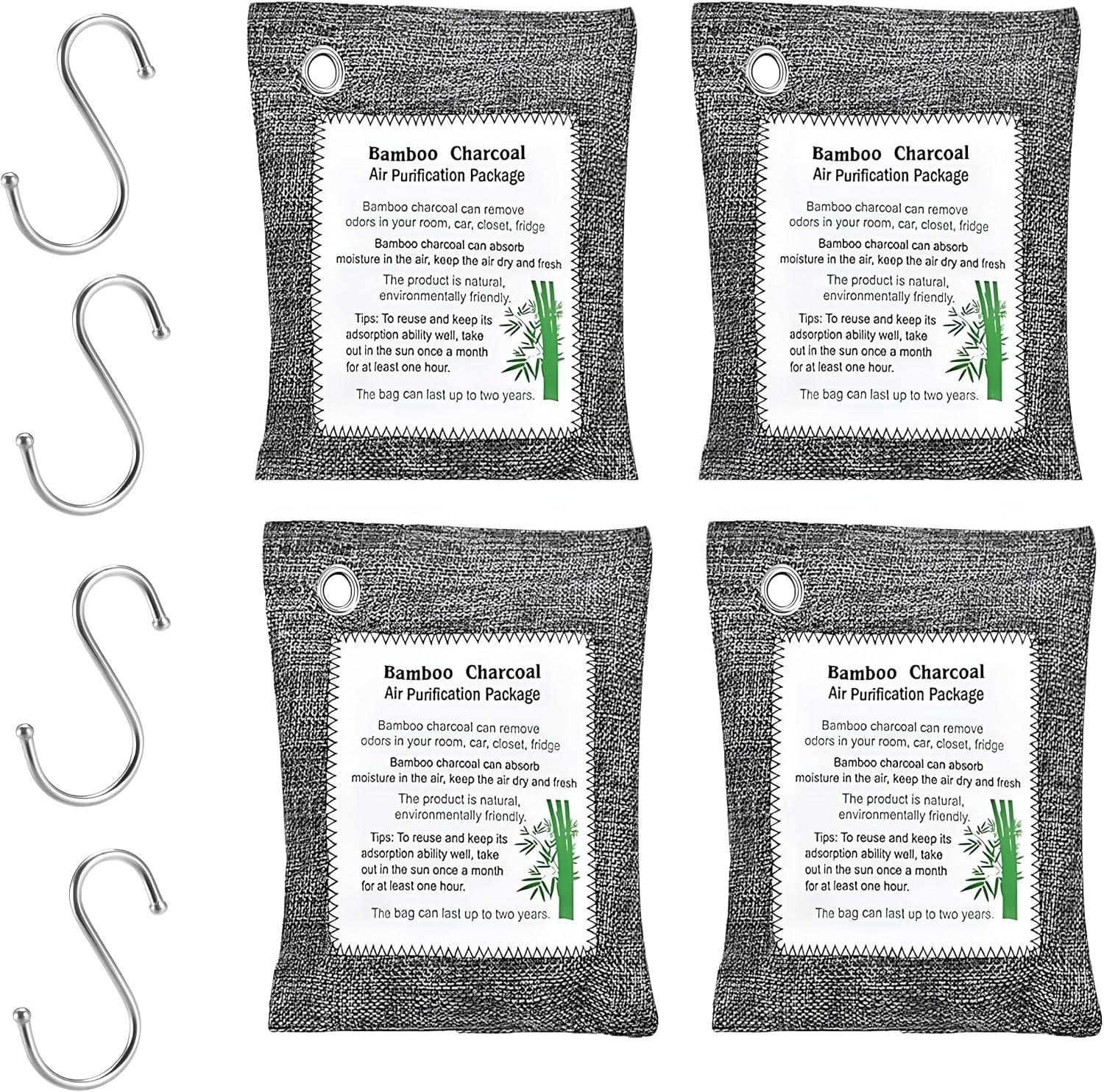 Bamboo Charcoal Air Purifying Bags (4-Pack, 200g Each) – Natural Odor Eliminator & Moisture Absorber for Home, Car, Closets, Bathrooms – Eco-Friendly, Reusable Deodorizer