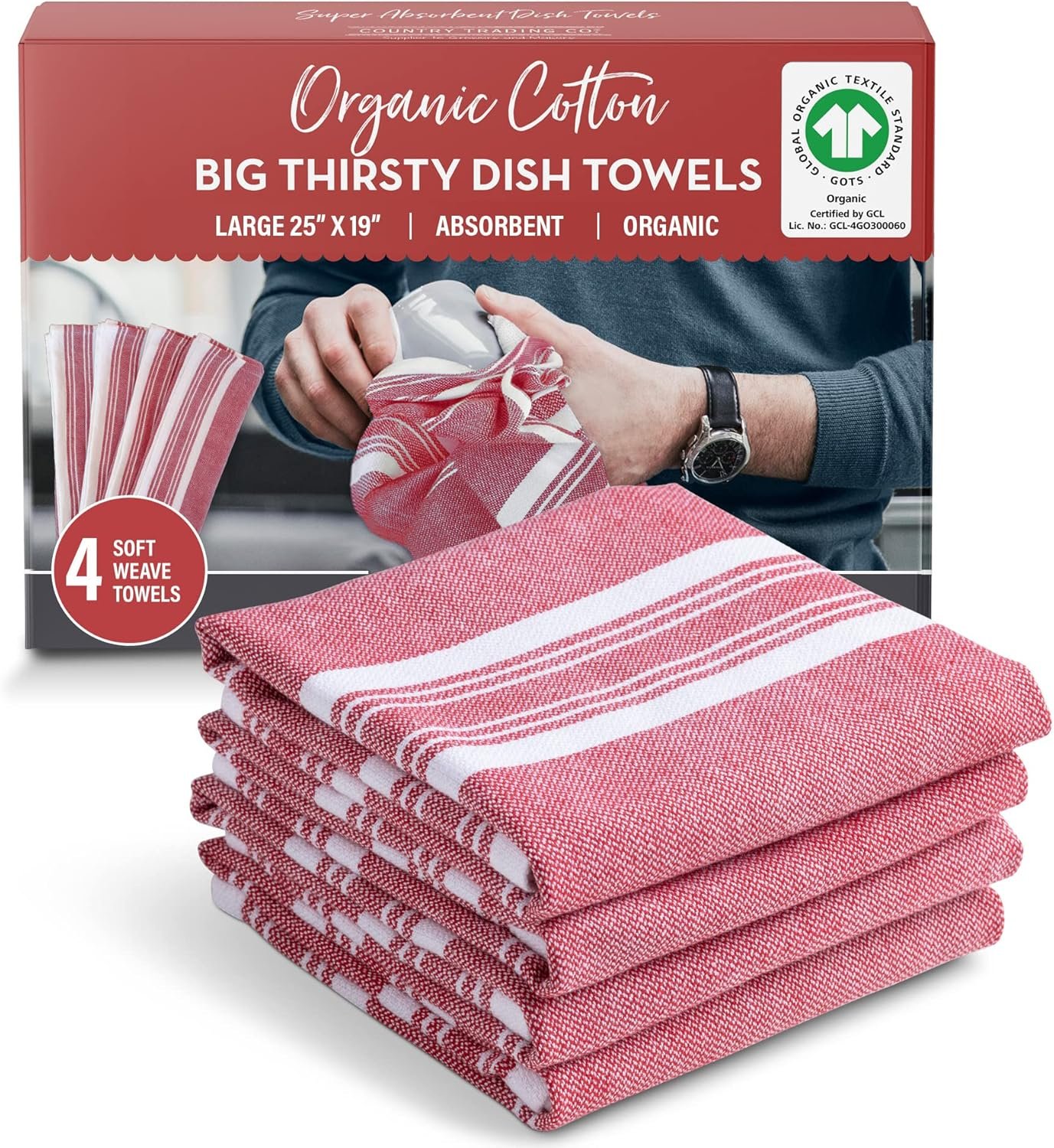 Country Trading Co. Big Thirsty Dish Towels – Organic Cotton Super Absorbent Kitchen Towels, Set of 4 – Soft Weave Machine Washable Tea Towels – 25” x 19” (Red)