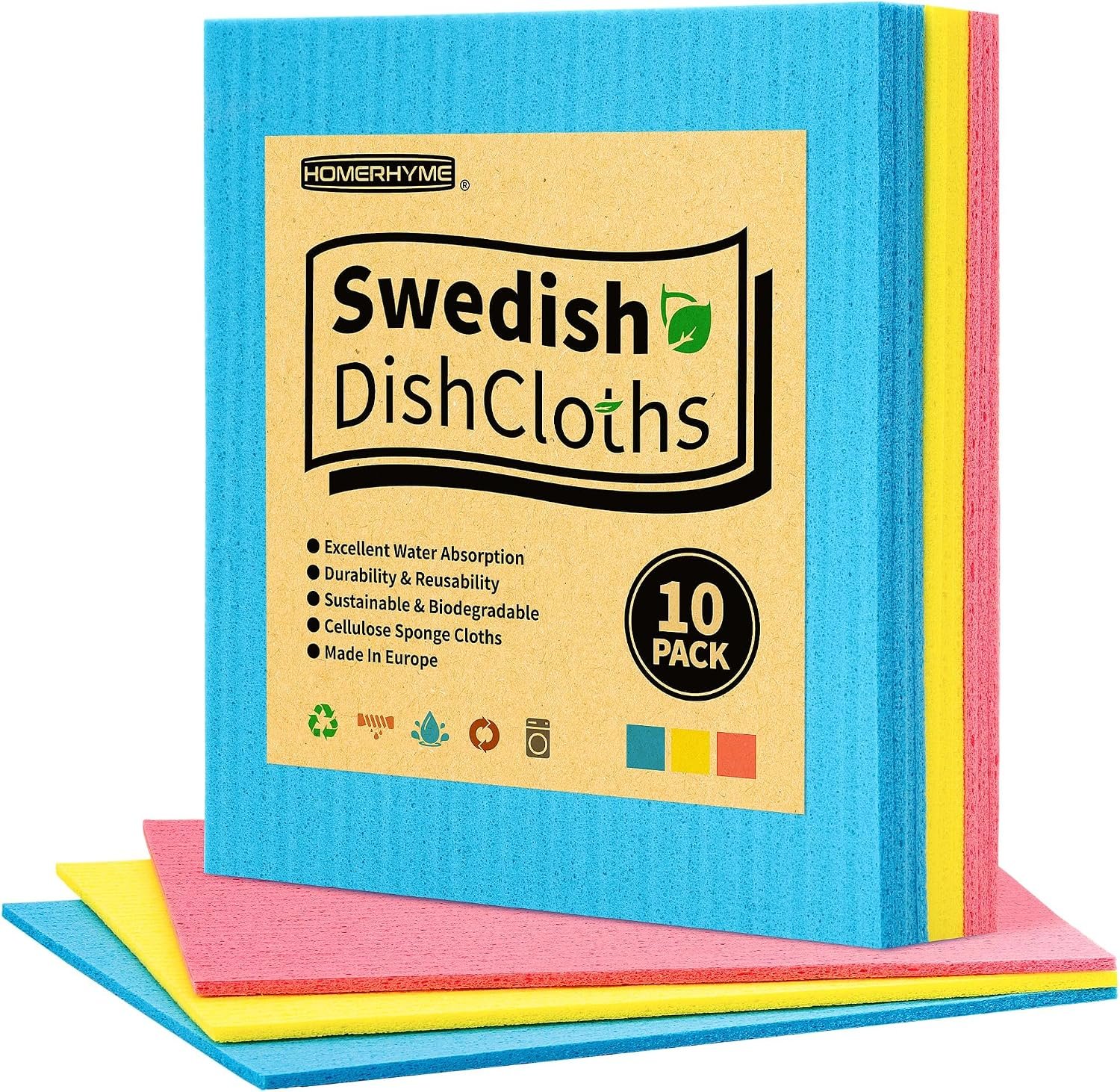 Swedish Dishcloths for Kitchen 10 Pack, Multicolor Dish Cloth, Absorbent Dish Towels for Kitchen, Multipurpose Cellulose Sponge Cloths, Reusable Paper Towels for Home & Kitchen