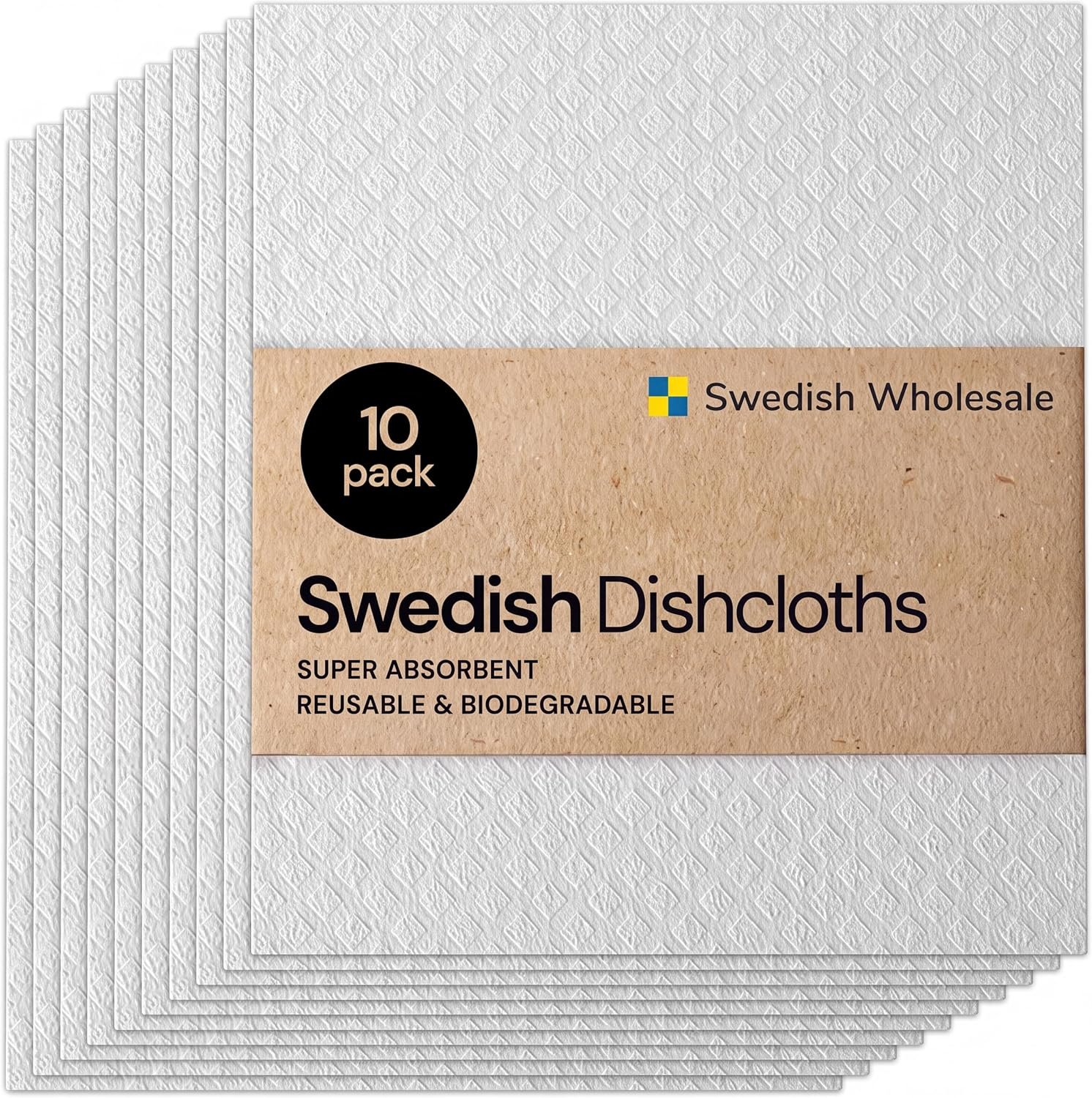 Swedish Wholesale Dishcloths Reusable 8″ x 7″ Sponge Cloths, Bulk 10 Pack of High Absorbent Cellulose Dish & Kitchen Cleaning Hand Towels, Wring to Dry & Machine Wash, Odor Resistant, White