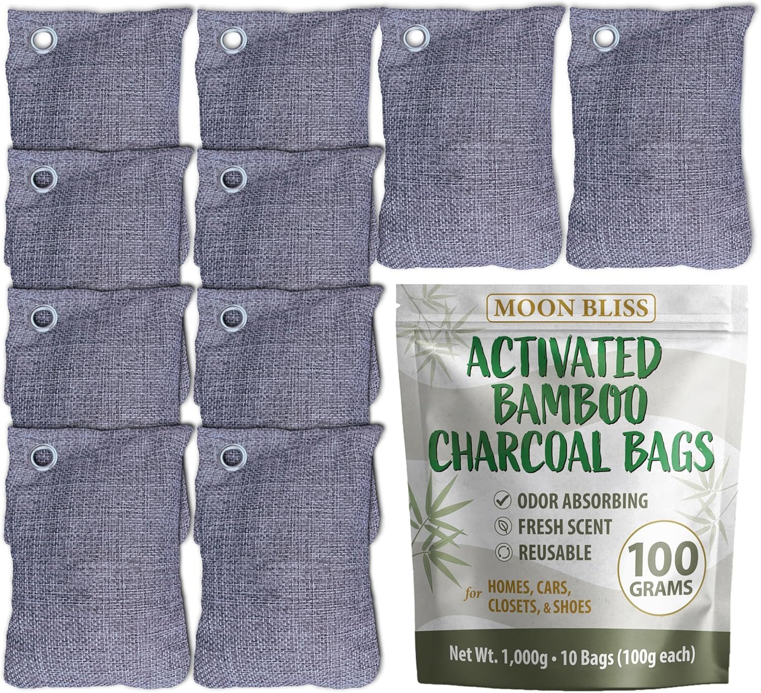 100g Bamboo Charcoal Bags (Pack of 10 Bags) – Activated Charcoal Odor Absorber – Reusable Bags for Homes, Cars, Closets, & Shoe Odor – Absorbs Odors & Moisture – Organic Sustainable Room Air Freshener