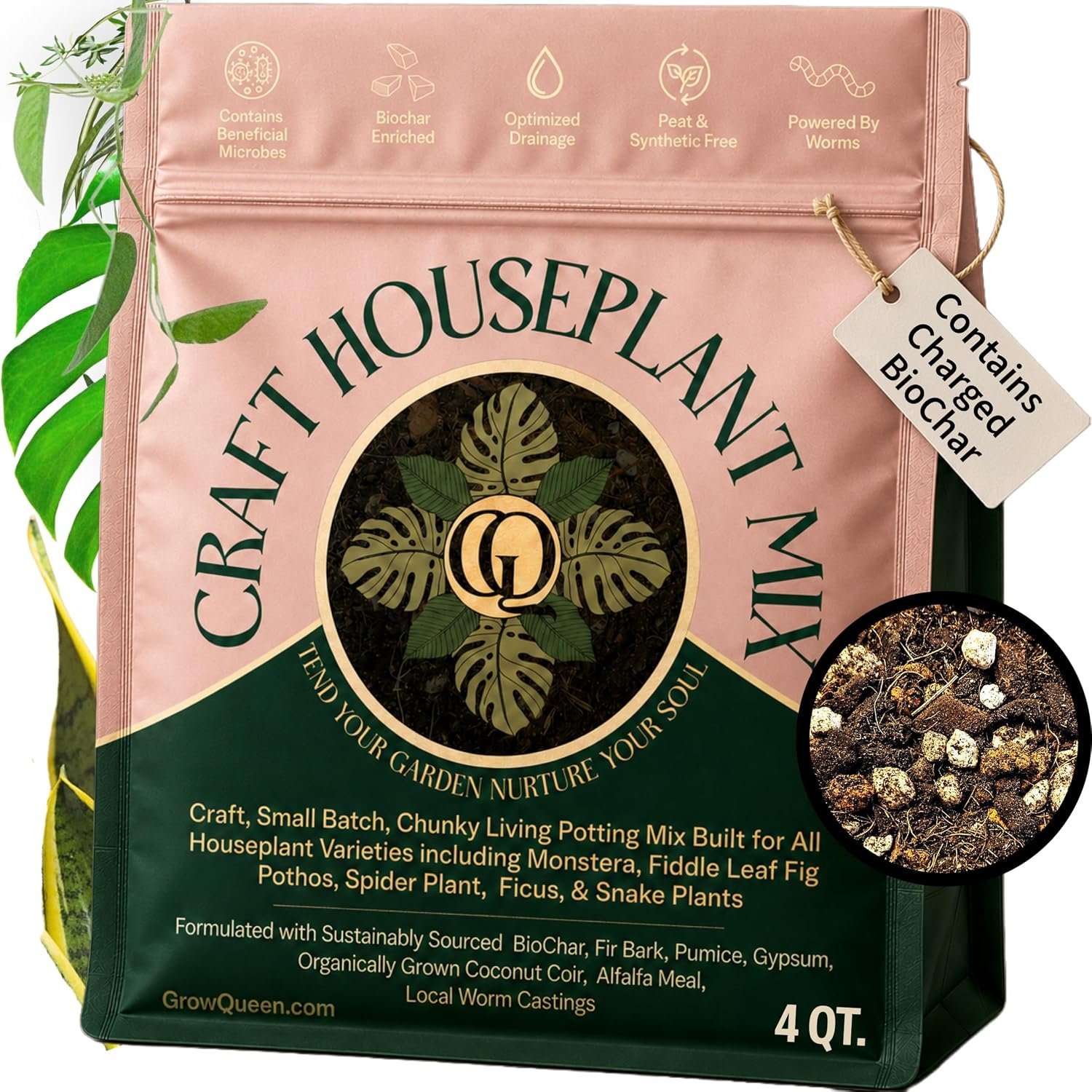 Craft Houseplant Potting Mix, Elite House Plant Soil, Chunky, Well Draining Potting Soil for Indoor Plants, Tropical Plants & Potted Plants, Sustainable & Peat Free, Less Prone to Gnats 4qt