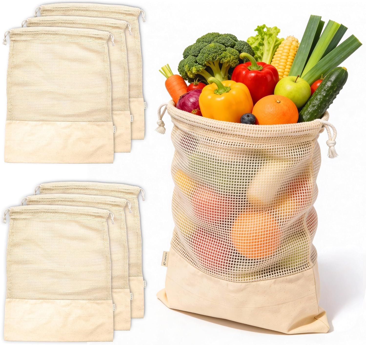 LEAFICO Reusable Produce Bags – 100% Cotton Mesh & Solid Hybrid (XL 14×18 inch 6 Pcs) – Extra Large Bags for Potatoes, Laundry, Toys, Bulk Storage – Washable, Plastic-Free, Breathable, Zero Waste