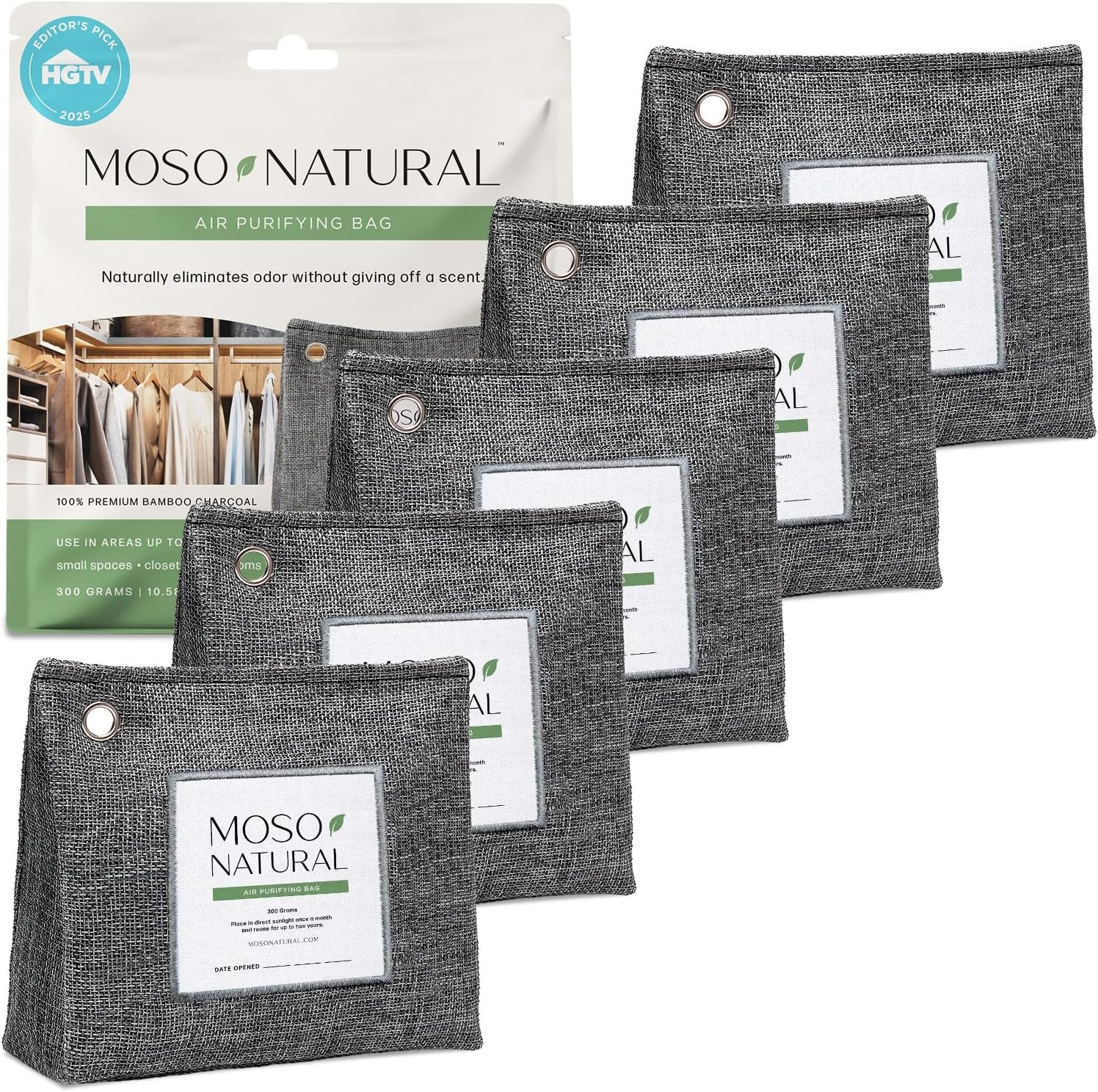 Moso Natural Air Purifying Bag 300g (5 Pack) Premium Charcoal Odor Absorber & Deodorizer for Closets, Bathrooms & Small Spaces — Lasts 2 Years, Pet Odor Eliminator for Home, Unscented Bamboo Charcoal