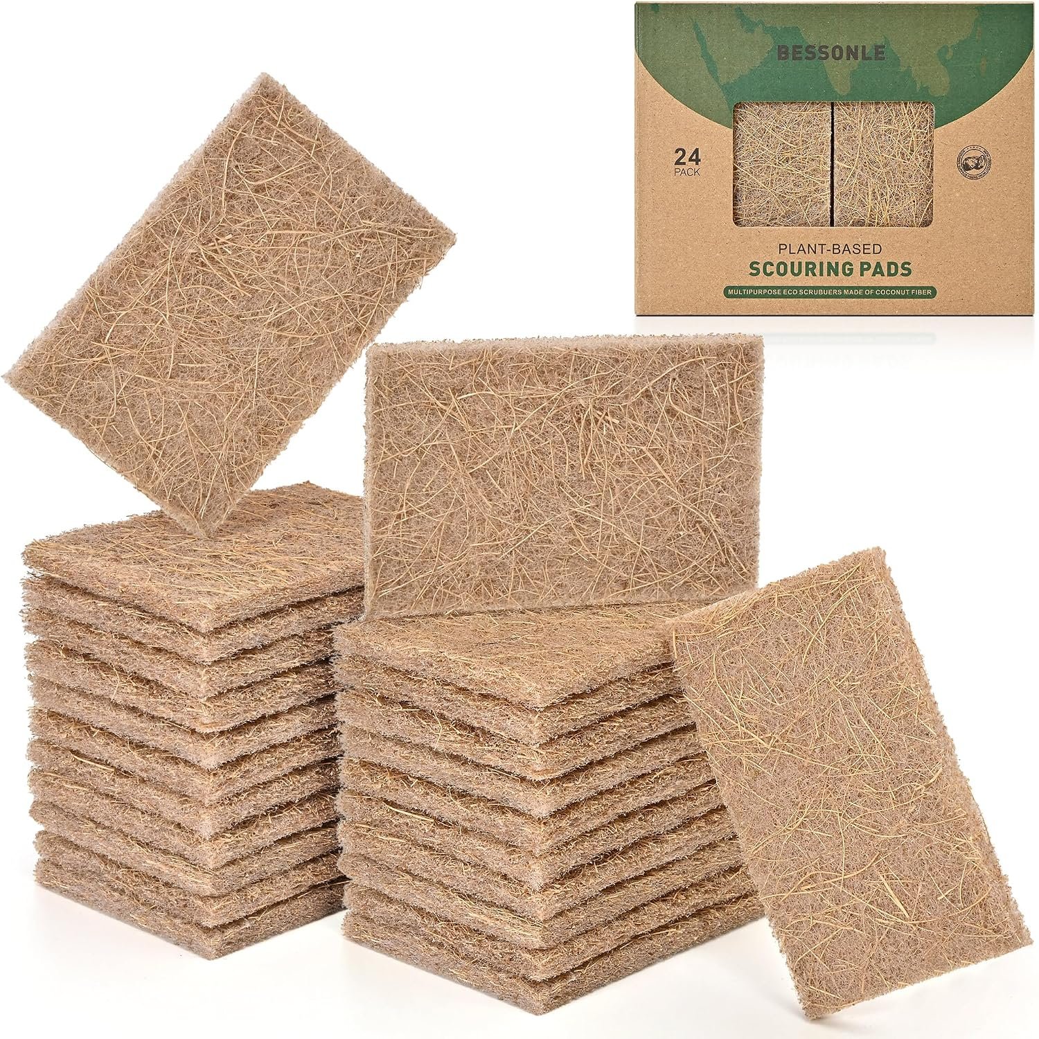 24 Pack Natural Scouring Pads – Heavy Duty Scrubbing Pads for Dishes – Non-Scratch – Reusable – Natural, Eco-Friendly, Biodegradable Sisal Fibers Sponges for Dishes, Compostable