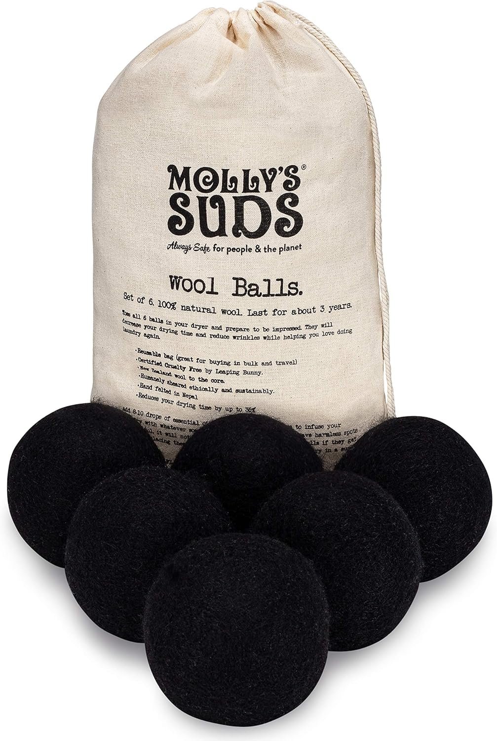 Molly’s Suds Wool Dryer Balls | XL, Premium Organic Fabric Softener, Hypoallergenic, Hand-Felted, Reusable, Reduce Drying Time | Black, Set of 6