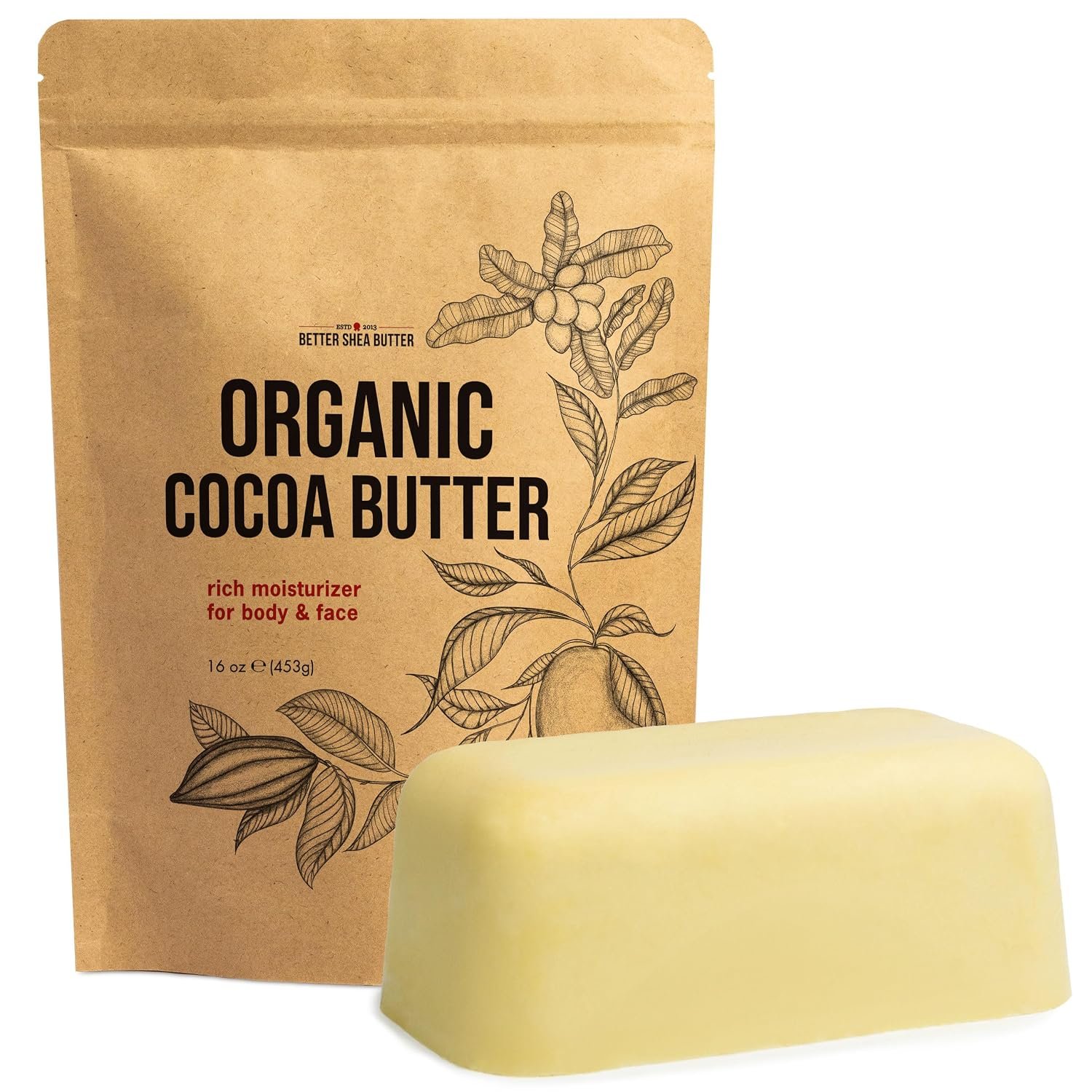 Organic Cocoa Butter for Skin, Raw Unrefined Food Grade USDA Certified Organic, for Scars, Stretch Marks Cream, Body Butter, Lip Balm and Lotion Bars, 100% Pure 1 lb Block