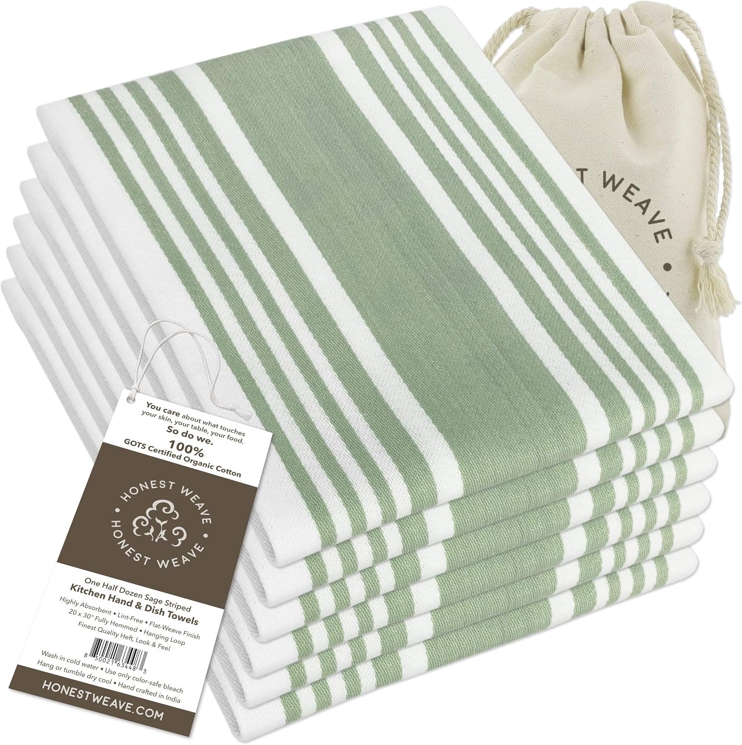HONEST WEAVE GOTS Certified Organic Cotton Kitchen Hand and Dish Towel Sets – Oversized 20×30 inches, Fully Hemmed, in Designer Colors, 6-Pack, Sage Stripe