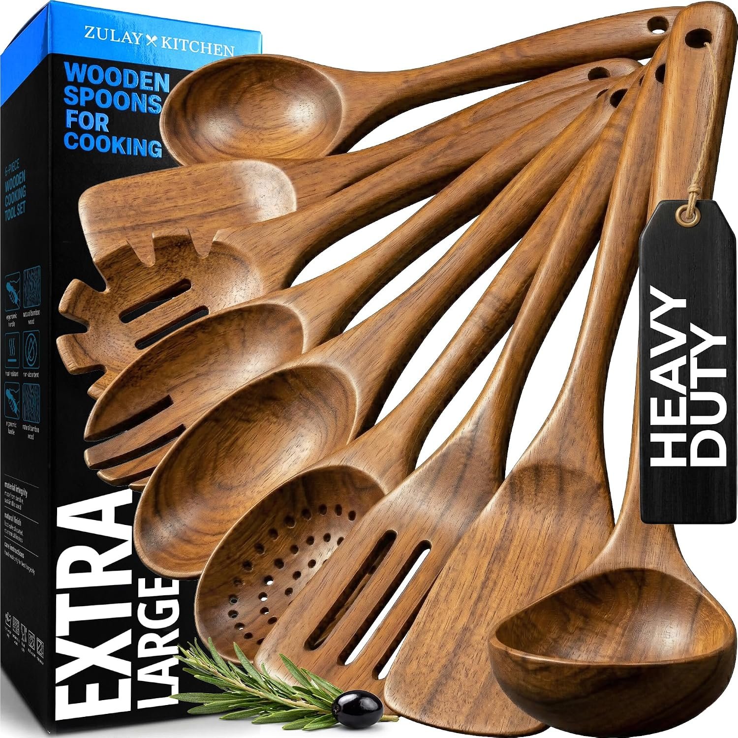 Zulay Kitchen 9-Piece Teak Wood Cooking Utensil Set – Non-Toxic & Non-Stick Safe Wooden Spoons & Kitchen Tools with Comfortable Grip, Smooth Finish Natural Teak – Perfect Kitchen Gift Set