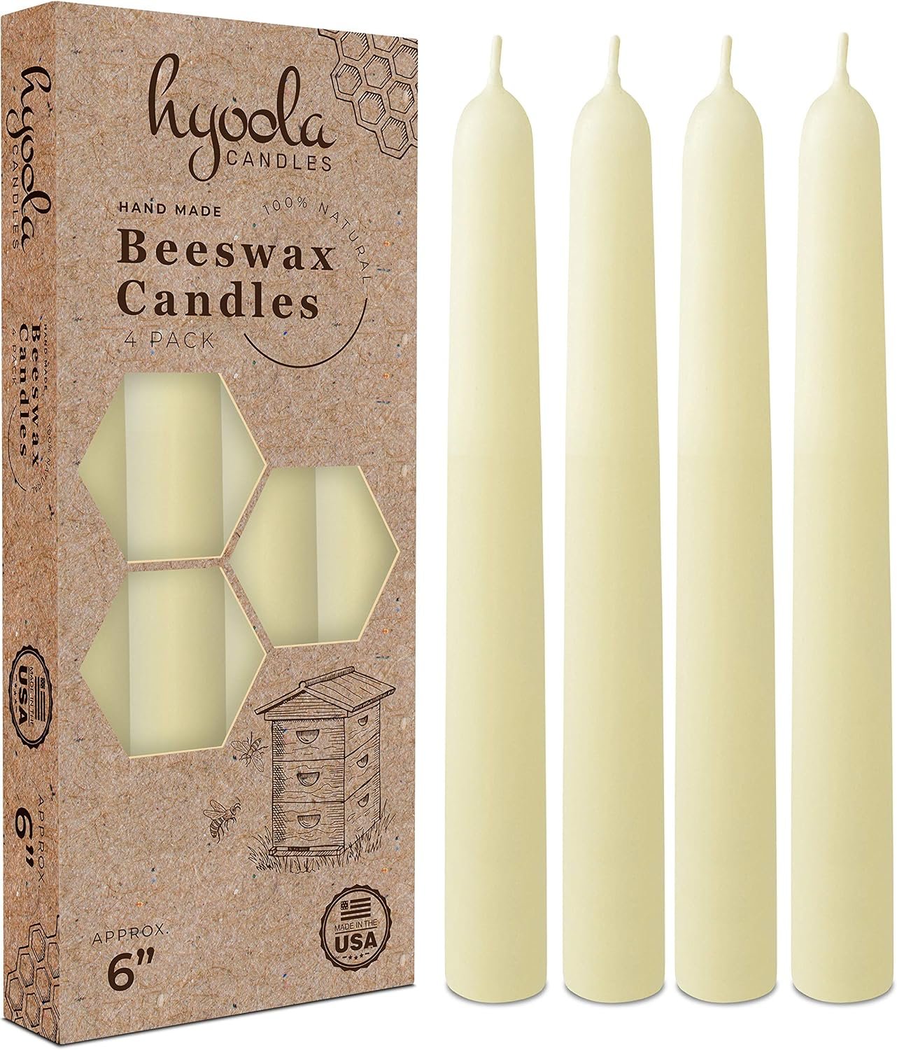 Hyoola 6″ Beeswax Taper Candles – 6 Hour Burn Time – White Beeswax Candles – 4 Pack