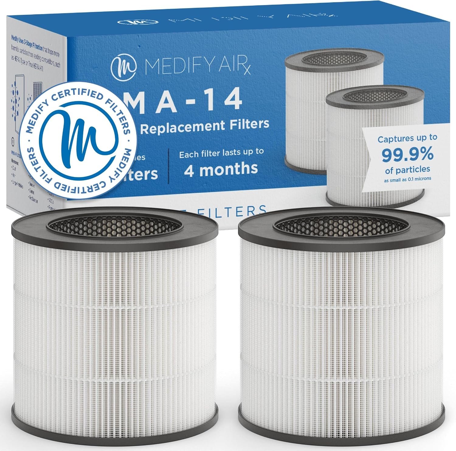 Medify MA-14 Genuine Replacement Filter for Allergens, Smoke, Wildfires, Dust, Odors, Pollen, Pet Dander | 3 in 1 with Pre-Filter, HEPA and Activated Carbon for Removal to 0.3 Microns | 2-Pack