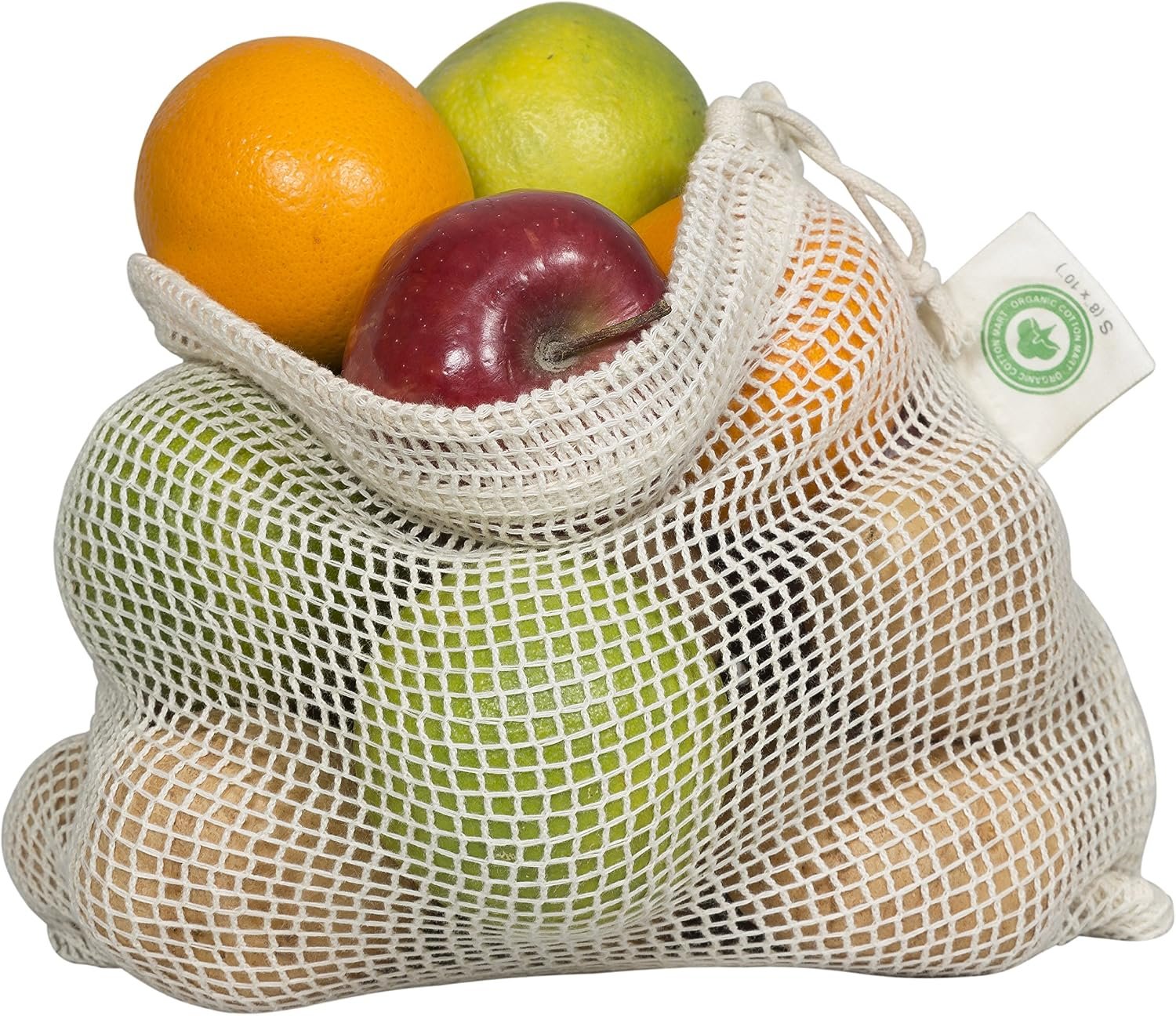 Reusable Cotton Mesh Produce Bags – 100% Organic Cotton, 8″x10″, Drawstring Closure Mesh Bags to Store Cilantro, Lime and Small Vegetables and Produce (3 Small – 8″x10″)