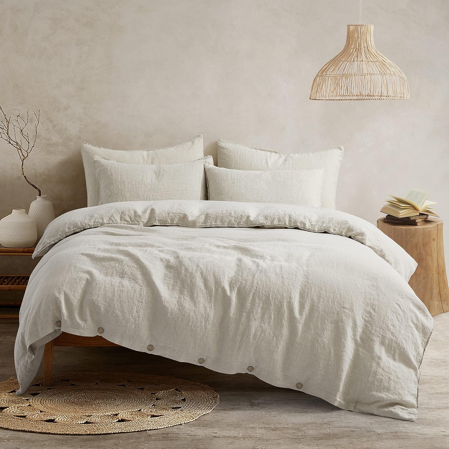 ATLINIA 100% Flax Linen Duvet Cover Set – Stone Washed Pure French Linen Organic Fabric for Farmhouse Comforter Boho Bedding Included 1 Duvet Cover 2 Pillow Shams(Natural, Queen)