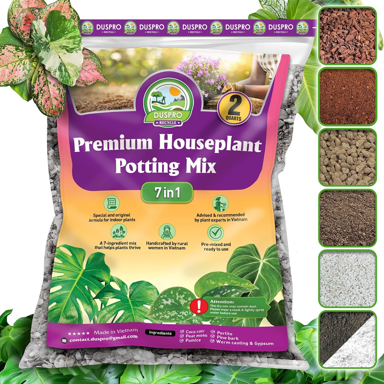 DUSPRO Pre-Mixed 7in1 House Plant Potting Mix, Drainage & Root Airflow, 2QT