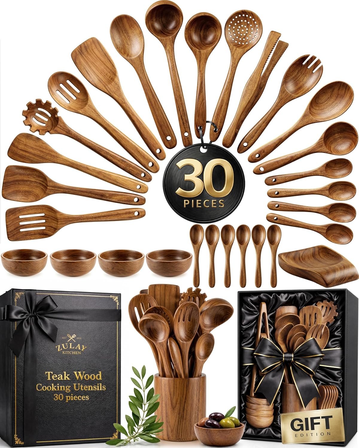 Zulay Kitchen 30-Piece Teak Wooden Utensils – Natural Teak Cooking Utensils with Premium Gift Box – Non-Stick Wooden Spoons – Kitchen Gift Set – Comfortable Grip
