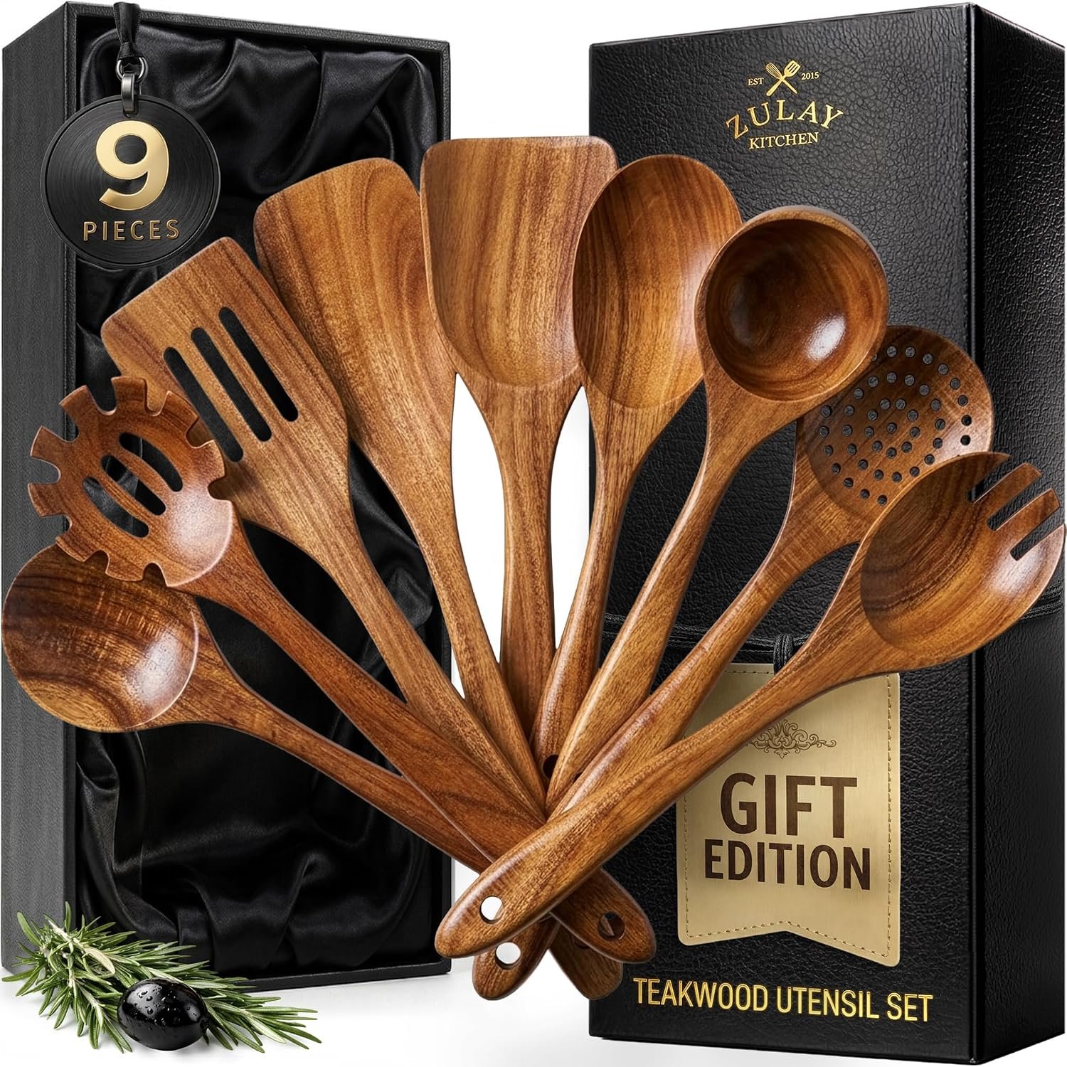 Zulay Kitchen 9-Piece Teak Wooden Utensils for Cooking – Natural Teak Utensil Set with Premium Gift Box – Non-Stick Wooden Spoons for Cooking – Kitchen Gift Set – Comfortable Grip Wooden Utensil Set