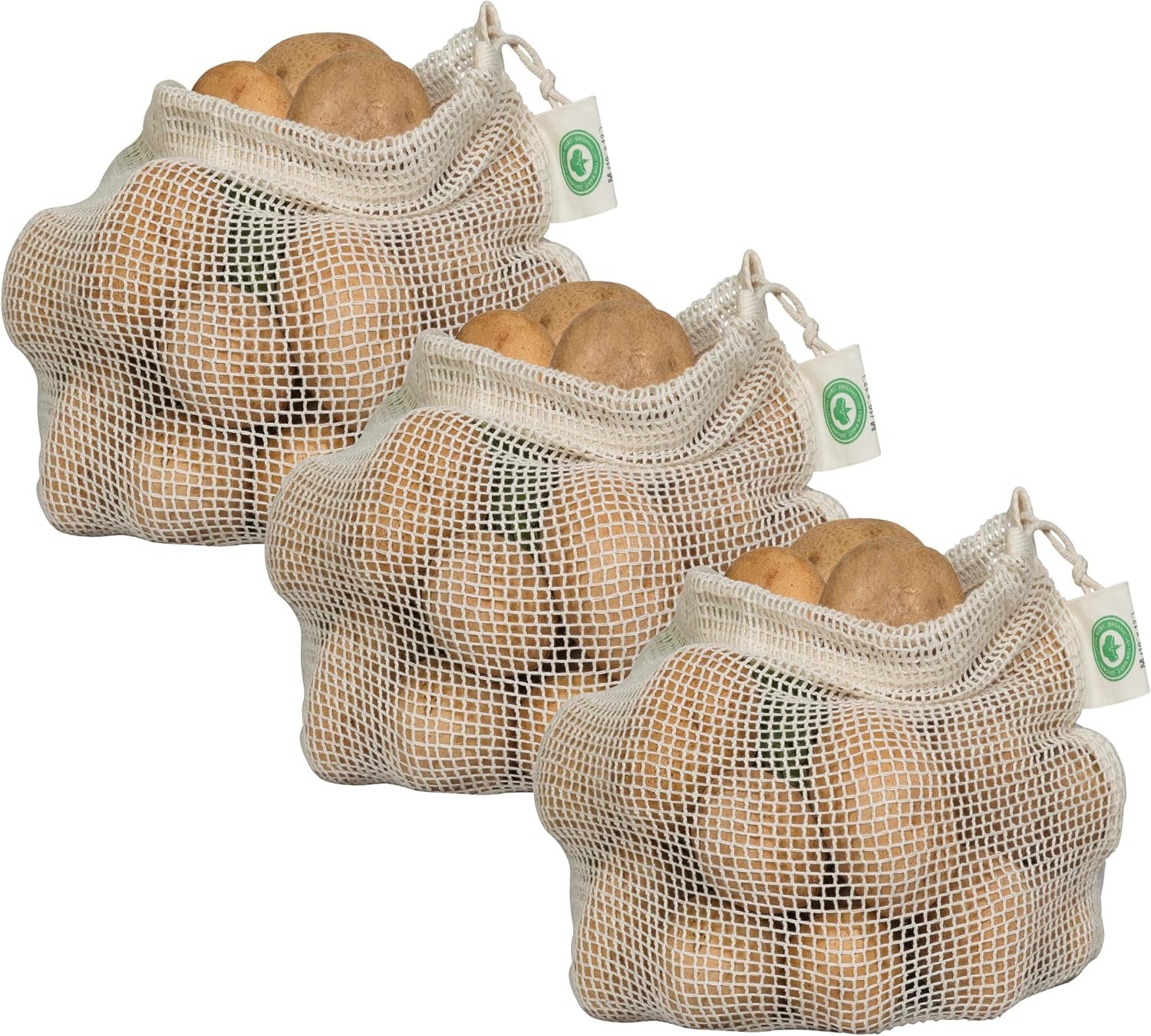 Reusable Mesh Produce Bags made from 100% Organic Cotton – 12″x10″, Perfect Reusable Net Vegetable Bags – Washable Fruit, Vegetable & Produce Sacks (3 Medium)