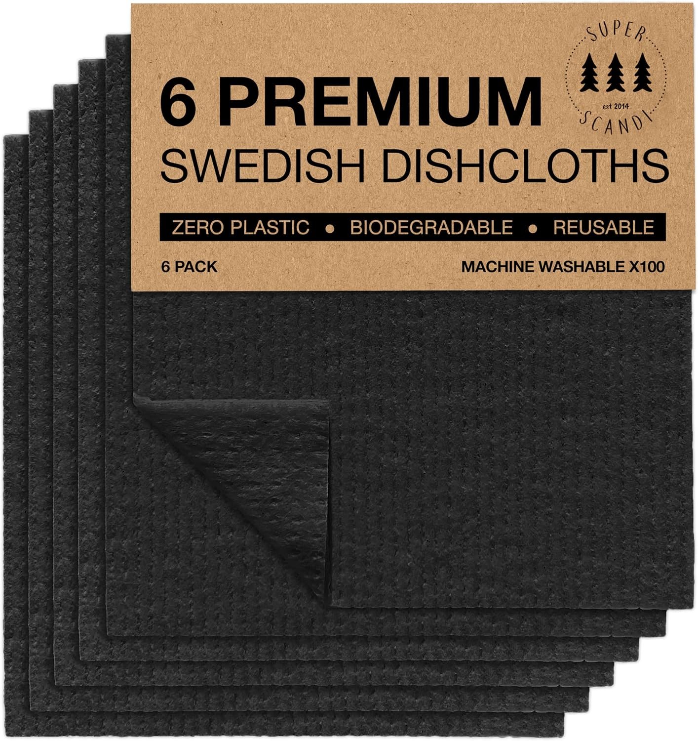SUPERSCANDI 6 Pack Swedish Dishcloths for Kitchen – 100% Biodegradable & Compostable Reusable Paper Towels Washable, Food-Safe & Without Plastic – Dish Rags Suitable for Any Surface, Black