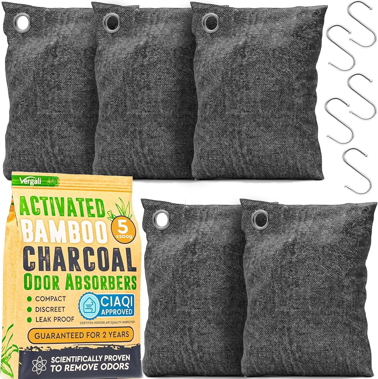 Activated Charcoal Odor Absorber for Strong Odors in Car, Closet, Shoe, Basement. 5 Activated Charcoal Bags Odor Absorbers for Home. Bamboo Charcoals Air Purifying Bag Charcoals Deodorizer Eliminator