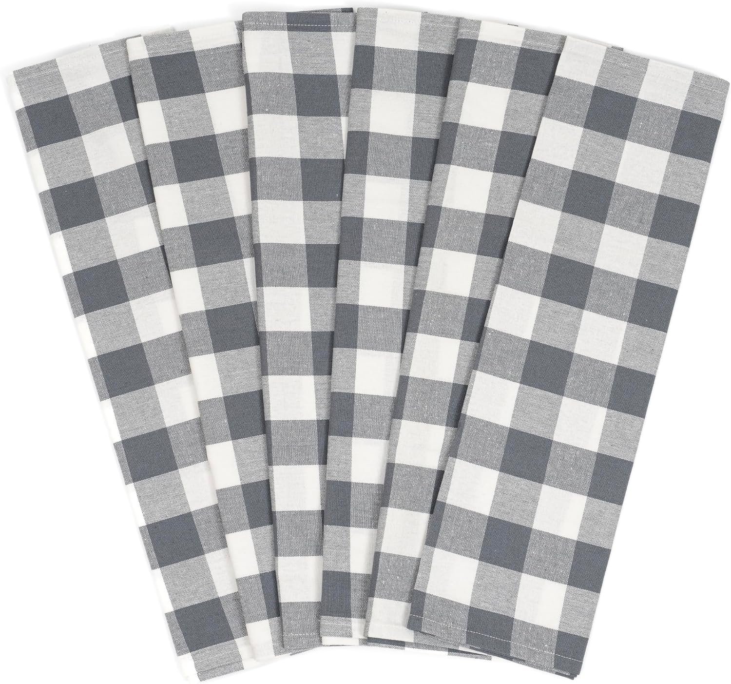Gray Kitchen Towels – 100% Cotton, 30″x20″, 6 Pack, Gingham Pattern, Premium Quality Dish Towels with Hanging Loop – Soft, Absorbent and Classic Plaid Pattern (6 Pack)