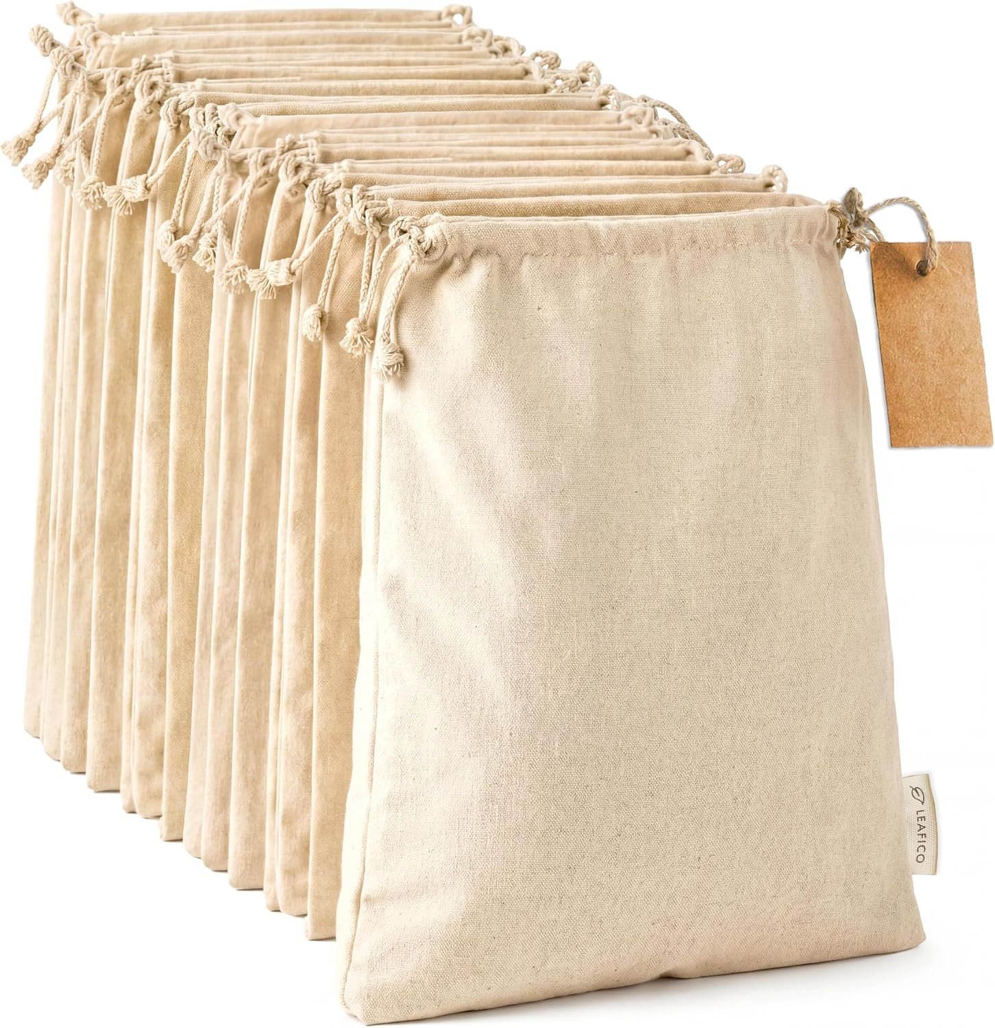 LEAFICO Organic Cotton Produce Bags – Medium 8×10 Inch (12 Bags) – Reusable Muslin Storage Bags with Drawstrings – Biodegradable Canvas Fabric – Perfect for Snacks, Clothes