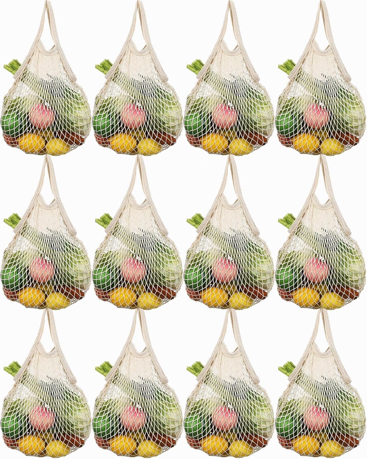 Eccliy 12 Pcs Reusable Mesh Grocery Bags Portable Cotton Produce Containers Washable Net Mesh Tote Bag Handle String Shopping(Beige)