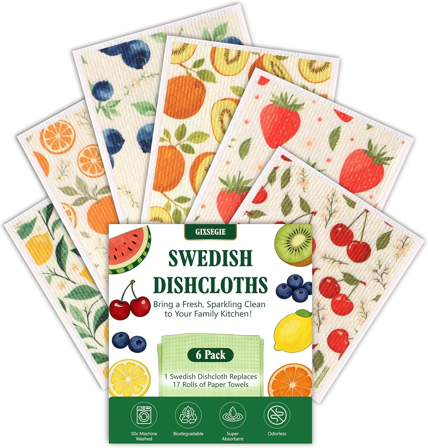 Swedish Dishcloths for Kitchen, 6 Pack Reusable Paper Towels, Biodegradable Swedish Rags Dish Towels, Washable Absorbent Cellulose Sponge Cloths No Odor for Cleaning Home Kitchen