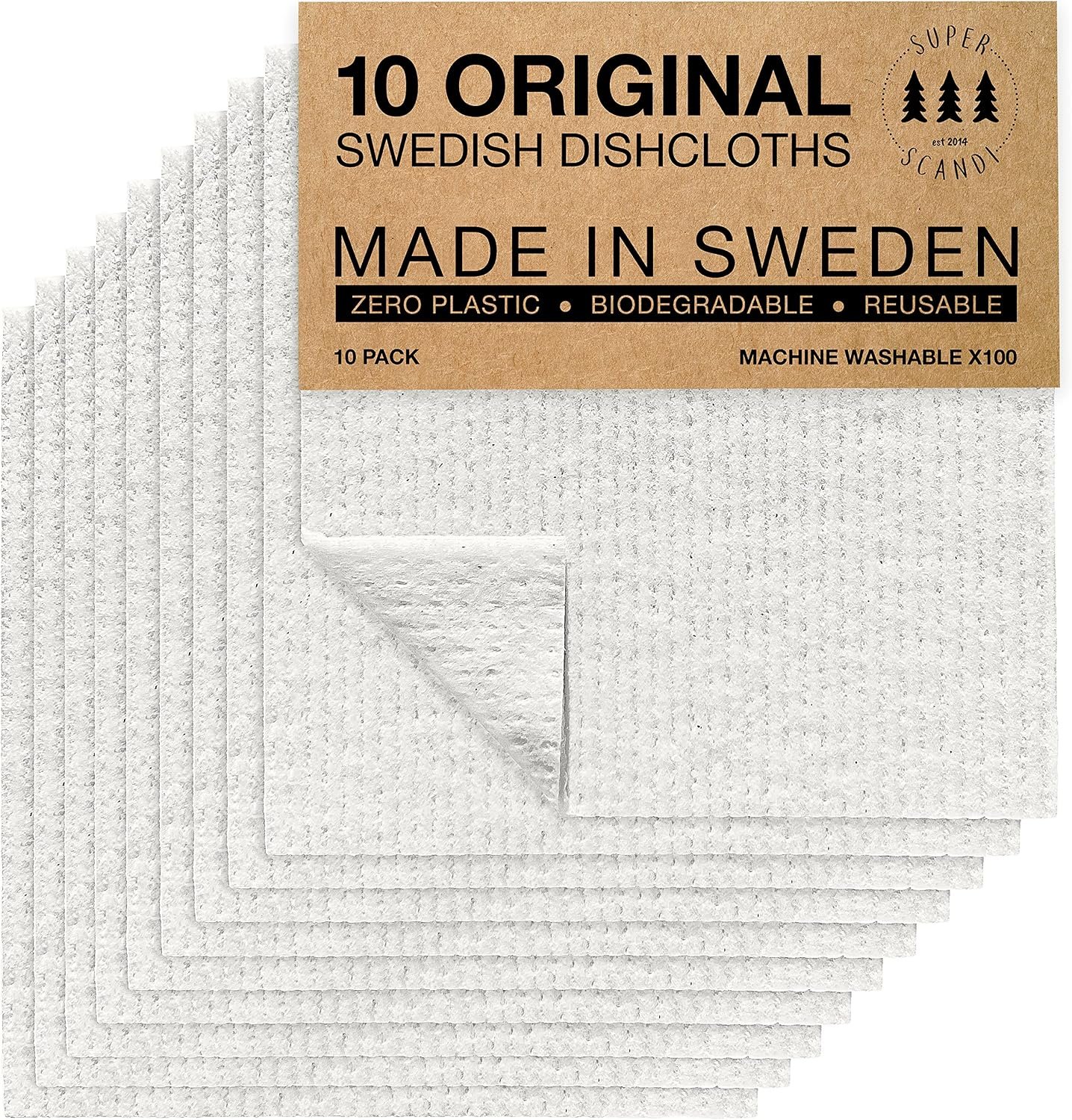 SUPERSCANDI 10 Pack Swedish Dishcloths for Kitchen – 100% Biodegradable & Compostable Reusable Paper Towels Washable, Food-Safe & Without Plastic – Dish Rags Suitable for Any Surface, White