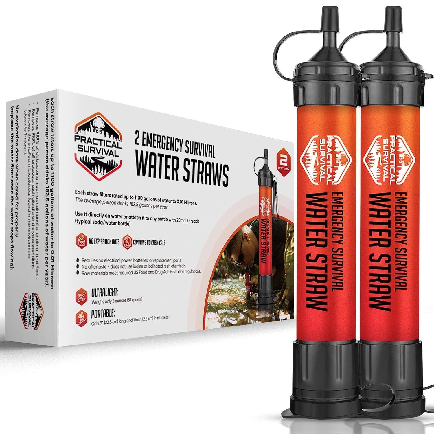 Practical Survival Reusable Emergency Water Filter Straws, 2-Pack