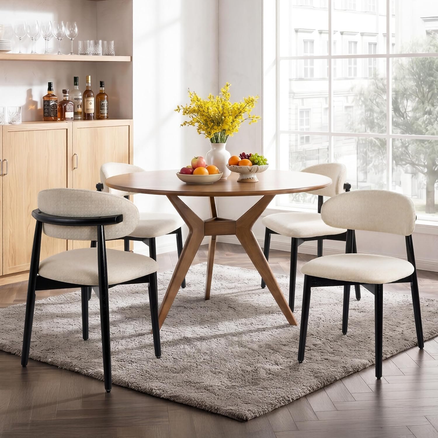 Wooden Dining Chairs Set of 4, Modern Farmhouse Linen Fabric Upholstered Kitchen Chairs with Curve Back, Mid-Century Dining Room Chairs for Living Room Kitchen Restaurant Cafe with Black Legs, Beige